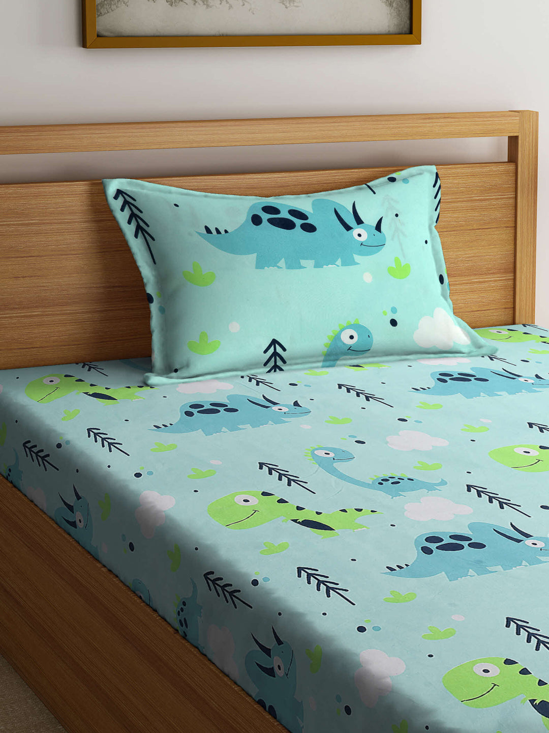 Arrabi Green Cartoon TC Cotton Blend Single Size Bedsheet with 1 Pillow Cover (215 x 150 cm)