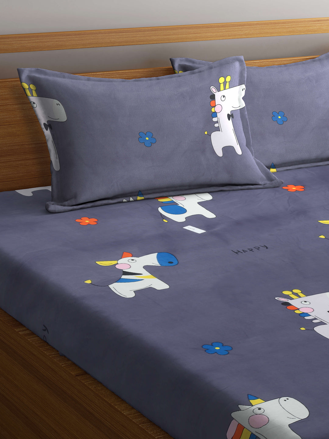 Arrabi Grey Cartoon TC Cotton Blend King Size Bookfold Bedsheet with 2 Pillow Covers (250 X 215 cm)