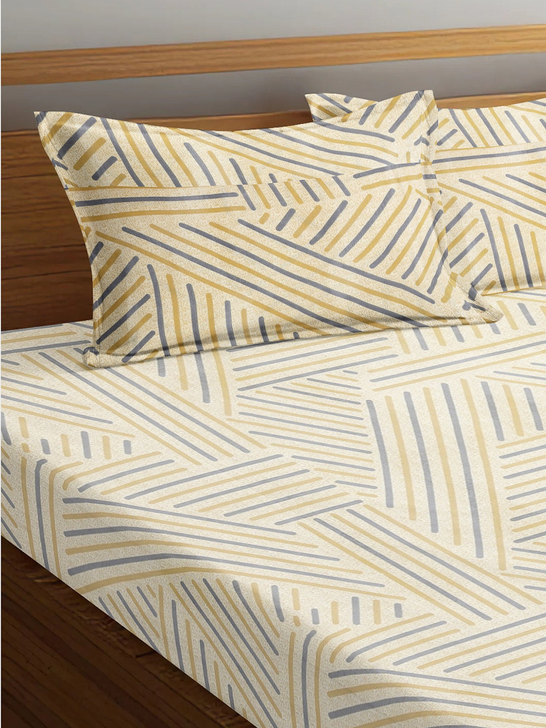 Arrabi Beige Stripes TC Cotton Blend King Size Bedsheet with 2 Pillow Covers (250 x 215 cm)