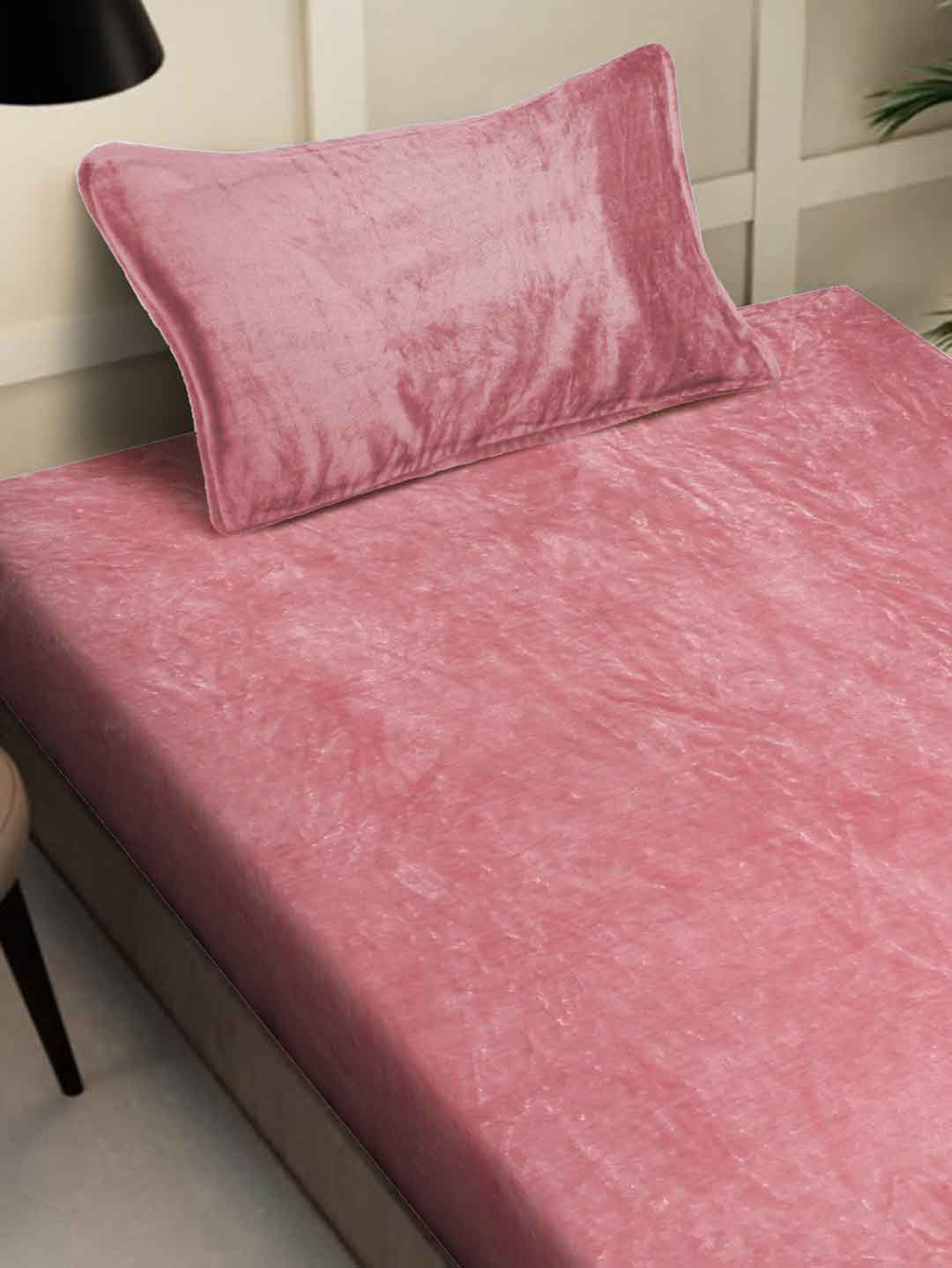 Arrabi Rust Solid Single Size Warm Woolen Fitted Bedsheet with 1 Pillow Cover