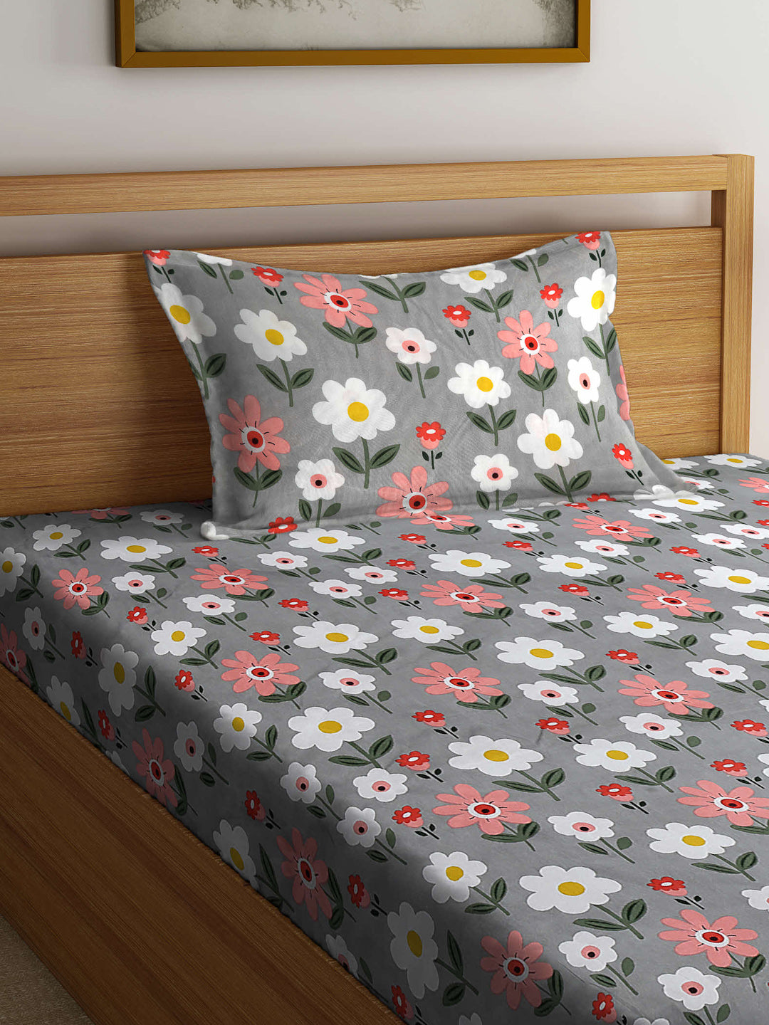 Arrabi Grey Floral TC Cotton Blend Single Size Fitted Bedsheet with 1 Pillow Cover (215 X 150 cm)