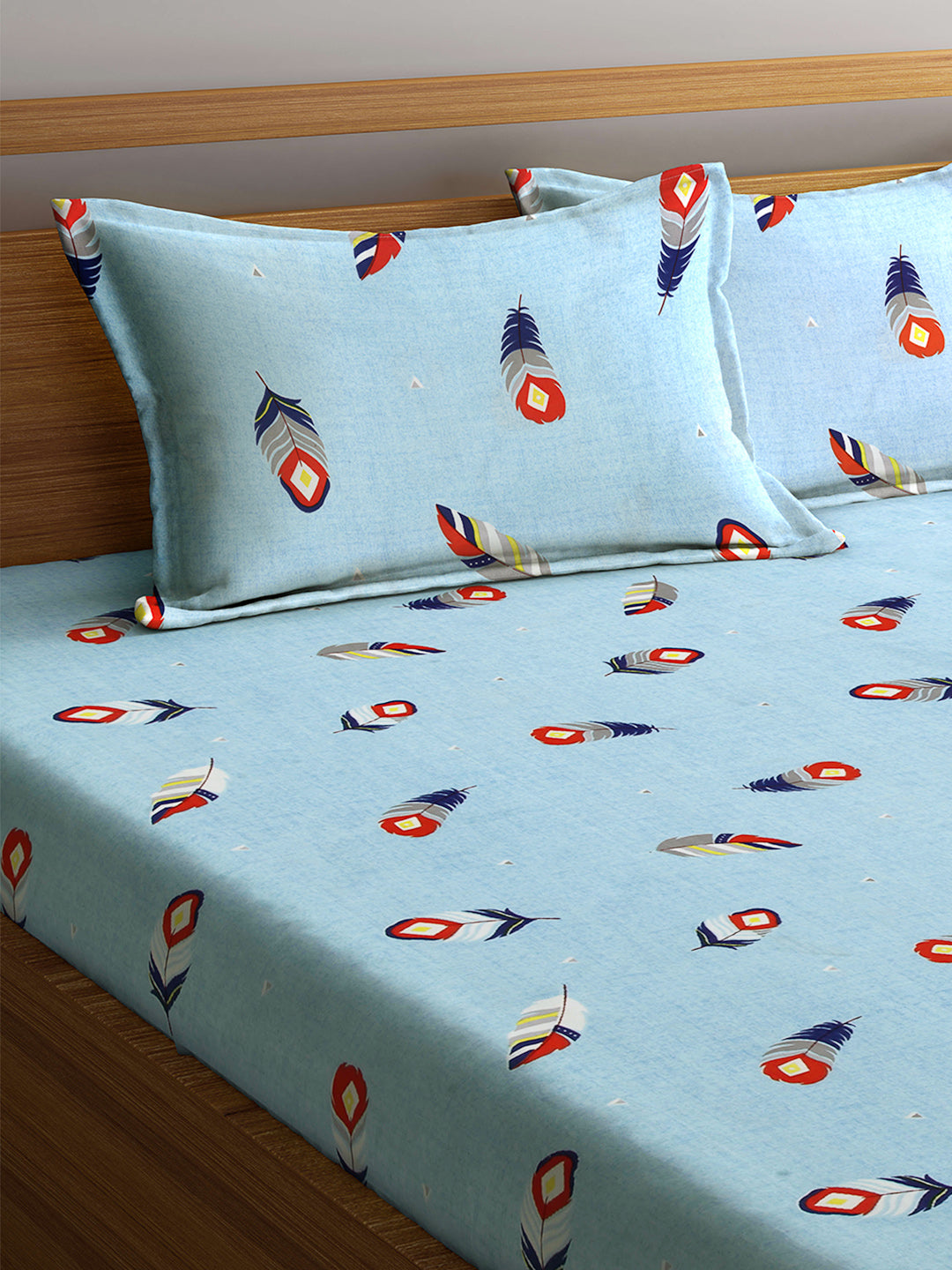 Arrabi Blue Floral TC Cotton Blend King Size Bookfold Bedsheet with 2 Pillow Covers (250 X 220 cm)