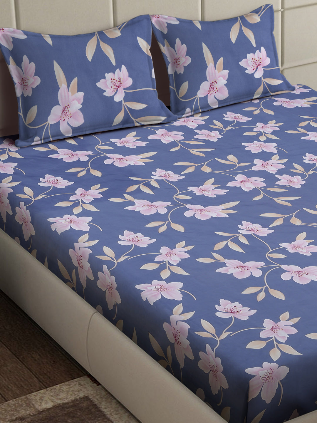Arrabi Blue Floral TC Cotton Blend King Size Bedsheet with 2 Pillow Covers (250 x 215 cm)