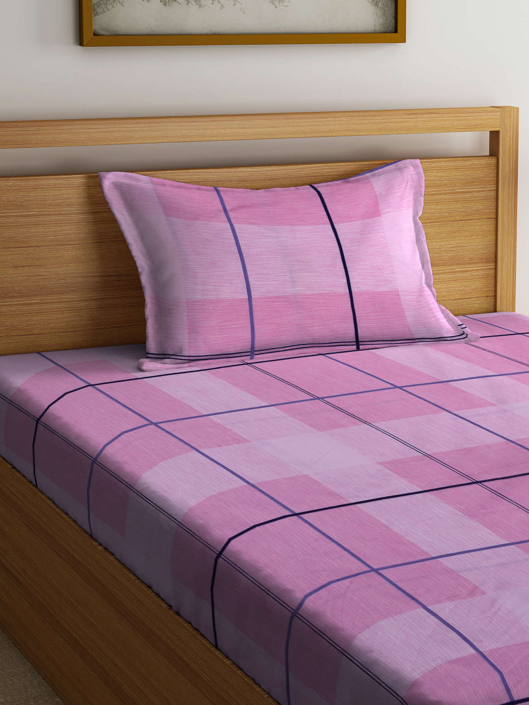 Arrabi Pink Geometric TC Cotton Blend Single Size Bedsheet with 1 Pillow Cover (215 x 150 cm)