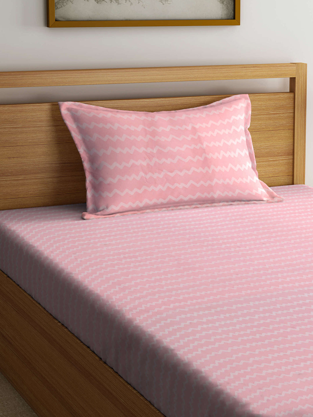 Arrabi Pink Stripes TC Cotton Blend Single Size Fitted Bedsheet with 1 Pillow Cover (215 X 150 cm)