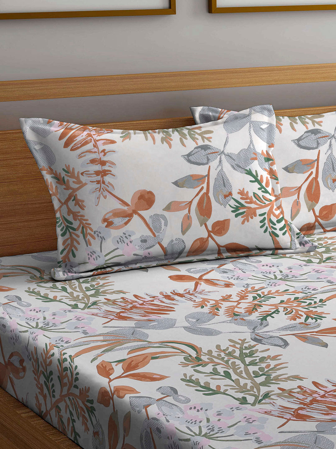 Arrabi Multi Leaf TC Cotton Blend King Size Bookfold Bedsheet with 2 Pillow Covers (250 X 220 cm)