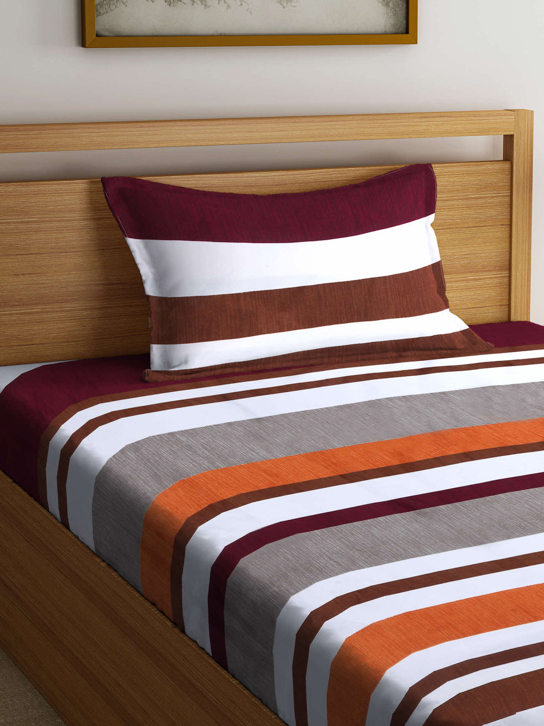 Arrabi Multi Stripes TC Cotton Blend Single Size Bedsheet with 1 Pillow Cover (220 x 150 cm)