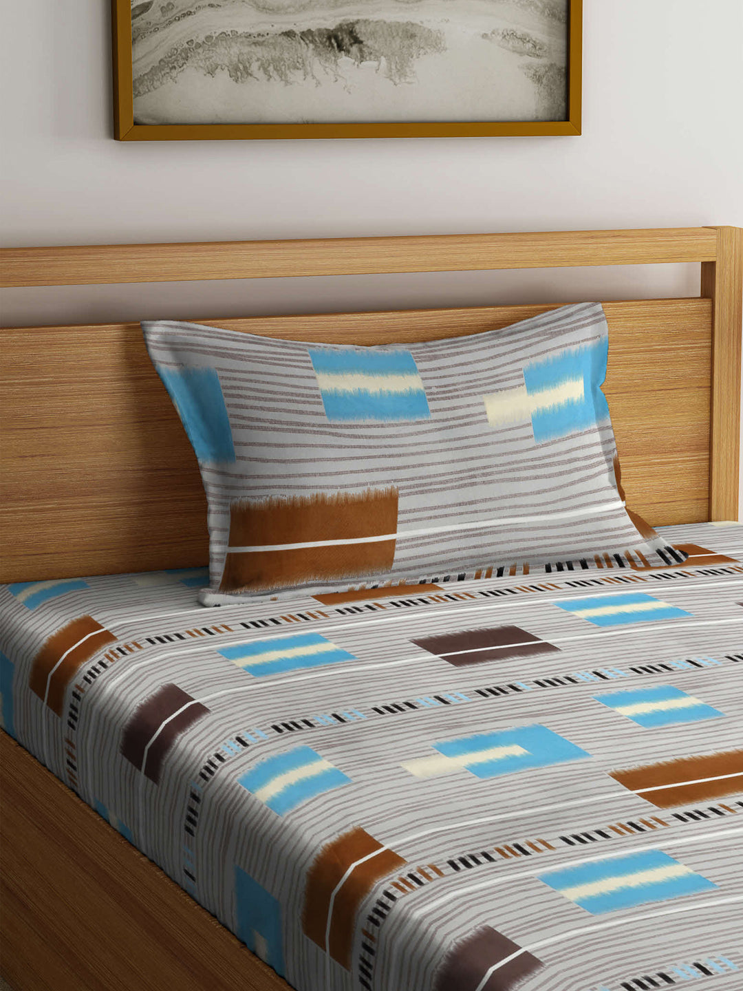 Arrabi Multi Geometric TC Cotton Blend Single Size Fitted Bedsheet with 1 Pillow Cover (215 x 150 cm)