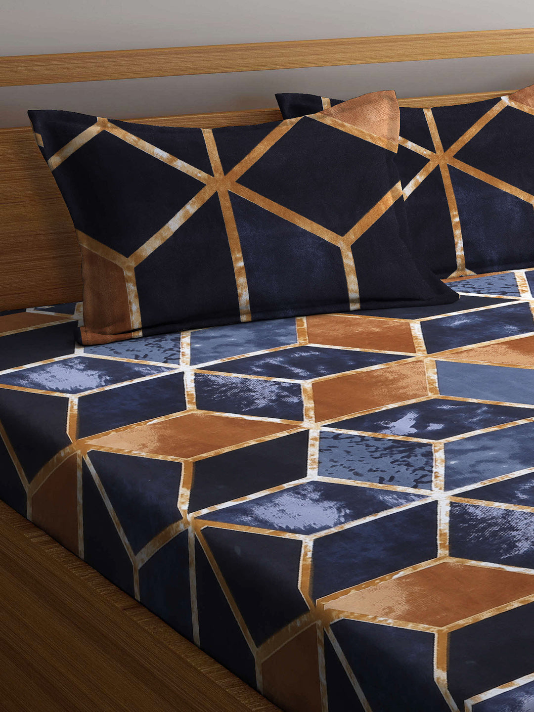 Arrabi Brown Geometric TC Cotton Blend King Size Bedsheet with 2 Pillow Covers (250 x 220 cm)