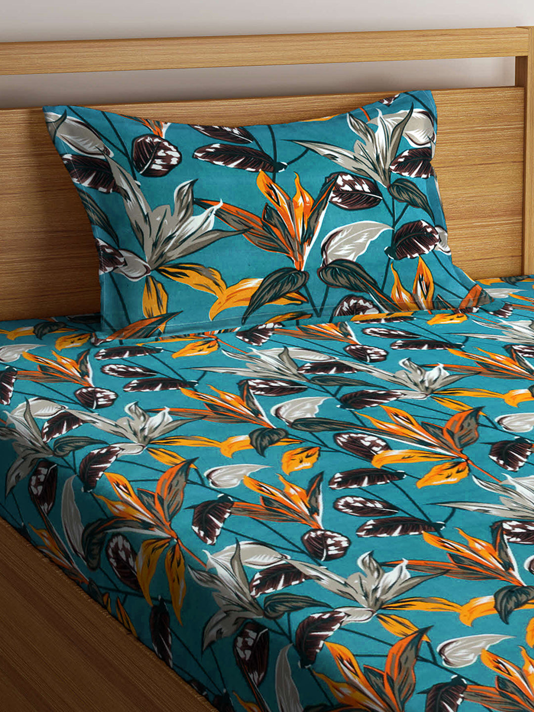 Arrabi Green Leaf TC Cotton Blend Single Size Fitted Bedsheet with 1 Pillow Cover (220 X 150 cm)