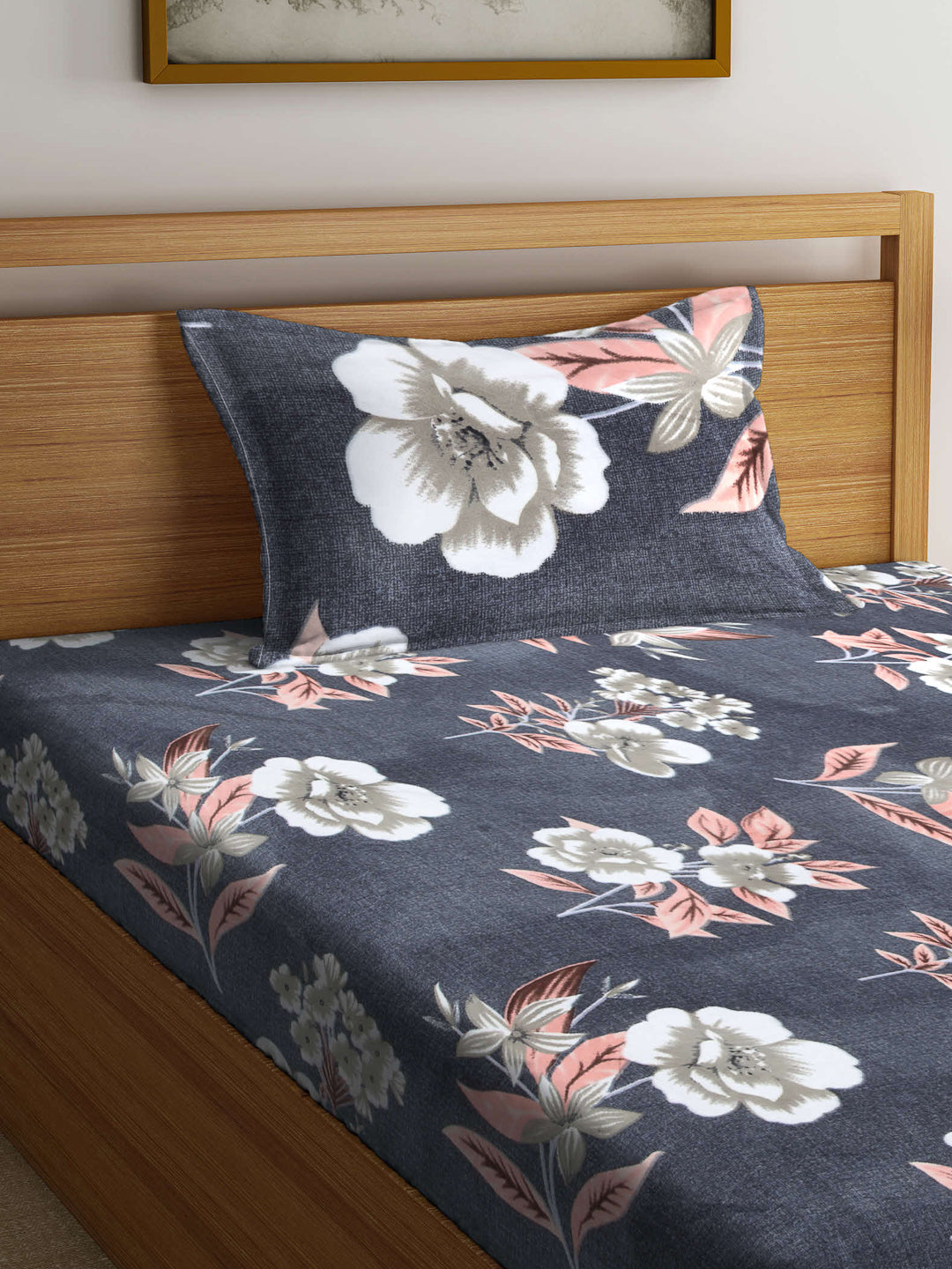 Arrabi Grey Floral TC Cotton Blend Single Size Bedsheet with 1 Pillow Cover (215 x 150 cm)