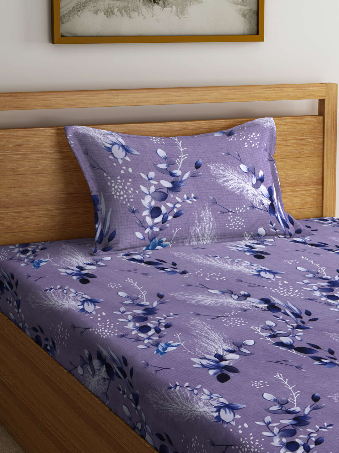 Arrabi Grey Floral TC Cotton Blend Single Size Fitted Bedsheet with 1 Pillow Cover (215 X 150 cm)