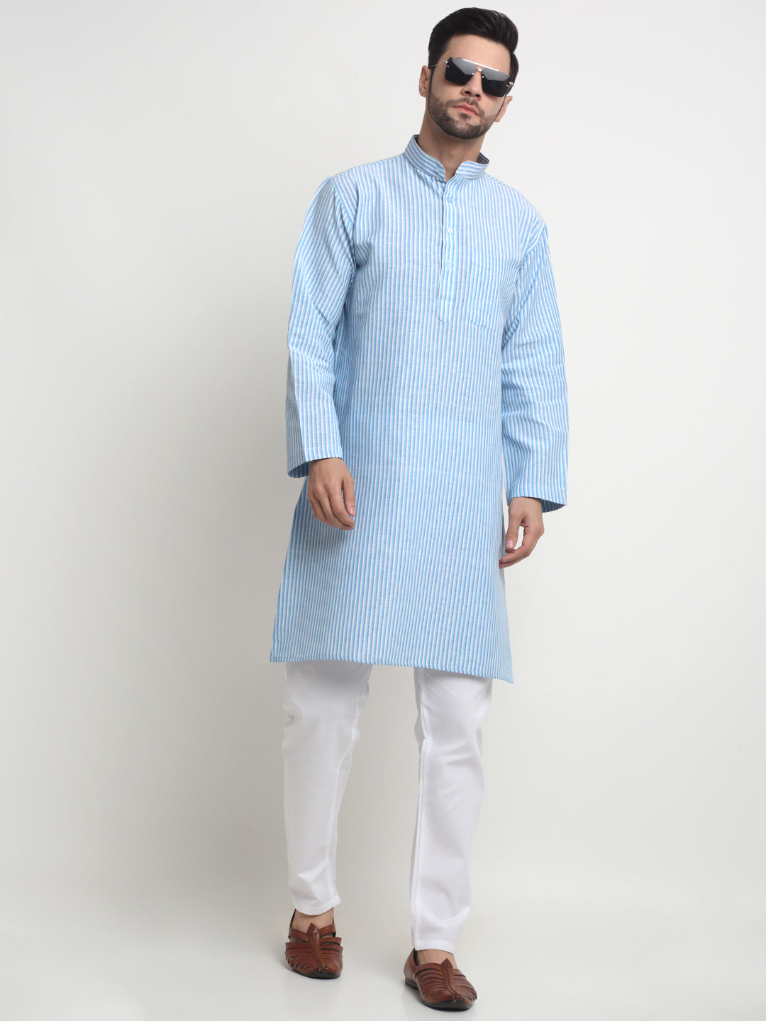 Arrabi Men Indian Fashion Blue Pure Cotton Stripped Straight Kurta