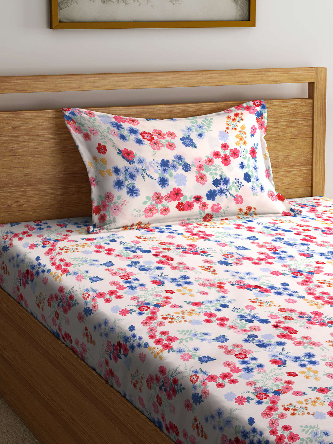 Arrabi Pink Floral TC Cotton Blend Single Size Bedsheet with 1 Pillow Cover (215 x 150 cm)