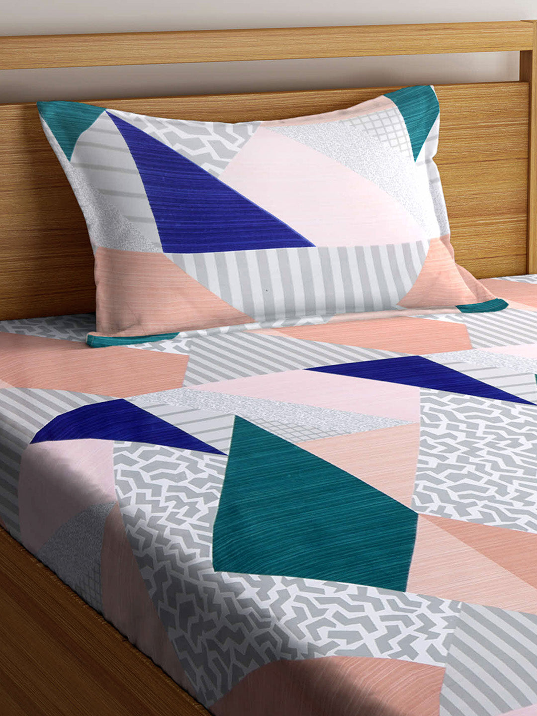 Arrabi Multi Geometric TC Cotton Blend Single Size Fitted Bedsheet with 1 Pillow Cover (220 X 150 cm)