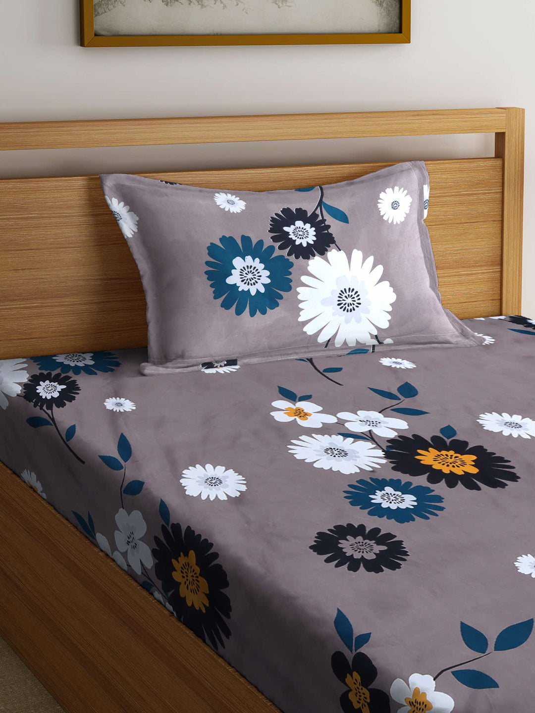 Arrabi Brown Floral TC Cotton Blend Single Size Bedsheet with 1 Pillow Cover (220 x 150 cm)