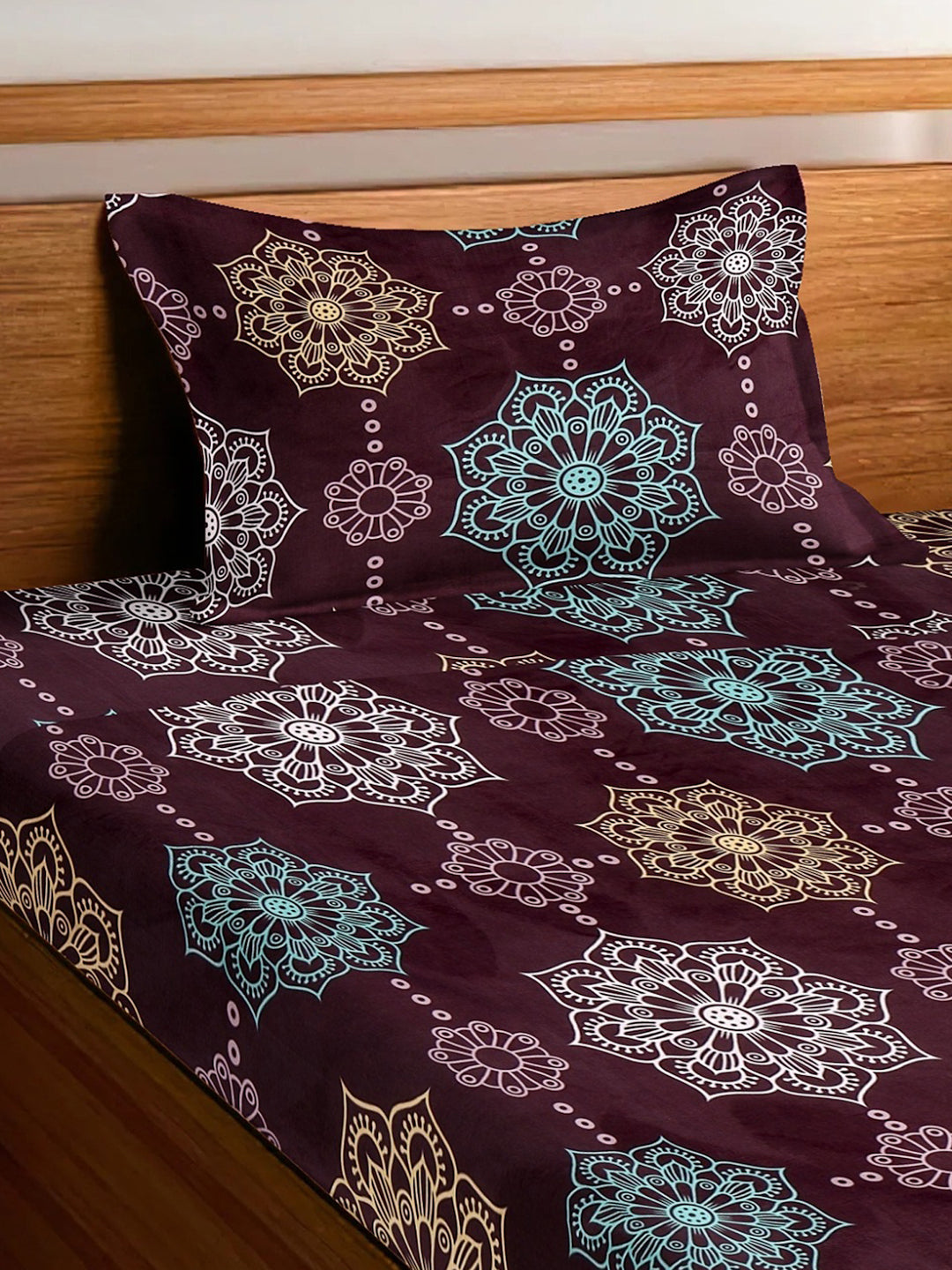 Arrabi Violet Floral TC Cotton Blend Single Size Fitted Bedsheet with 1 Pillow Cover (215 x 150 cm)