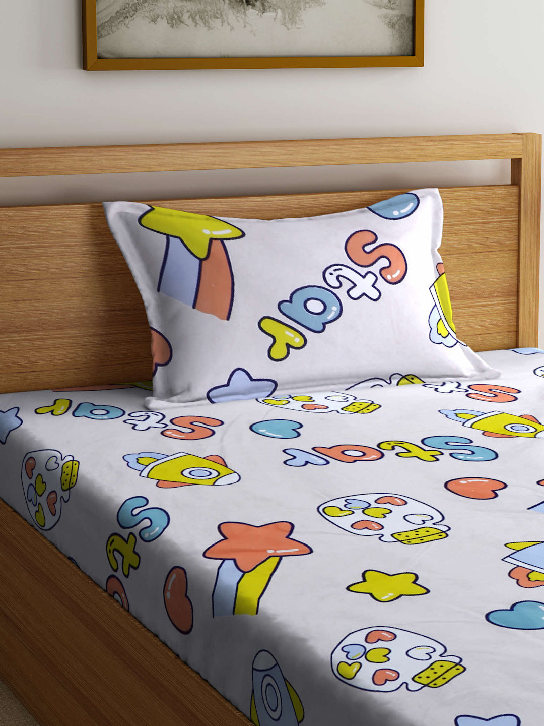 Arrabi Beige Cartoon TC Cotton Blend Single Size Fitted Bedsheet with 1 Pillow Cover (215 X 150 cm)