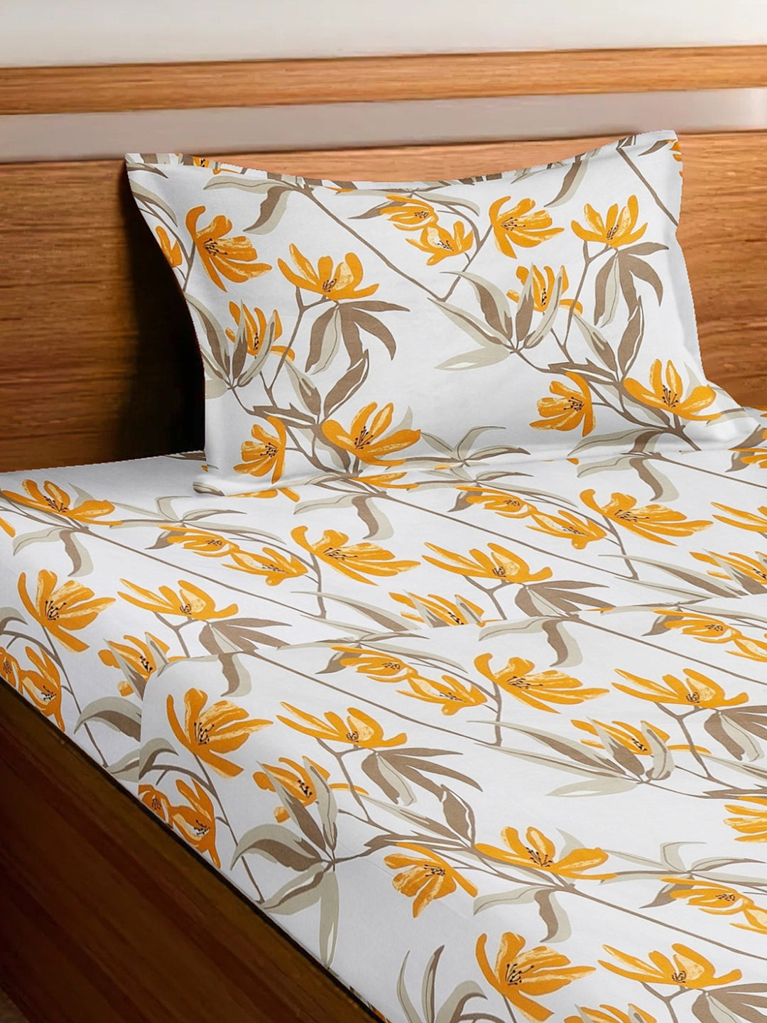 Arrabi Multi Leaf TC Cotton Blend Single Size Fitted Bedsheet with 1 Pillow Cover (215 x 150 cm)