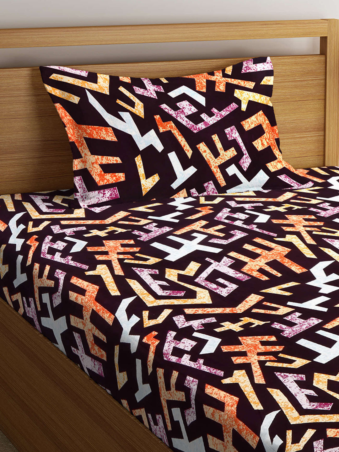 Arrabi Multi Graphic TC Cotton Blend Single Size Fitted Bedsheet with 1 Pillow Cover (220 X 150 cm)