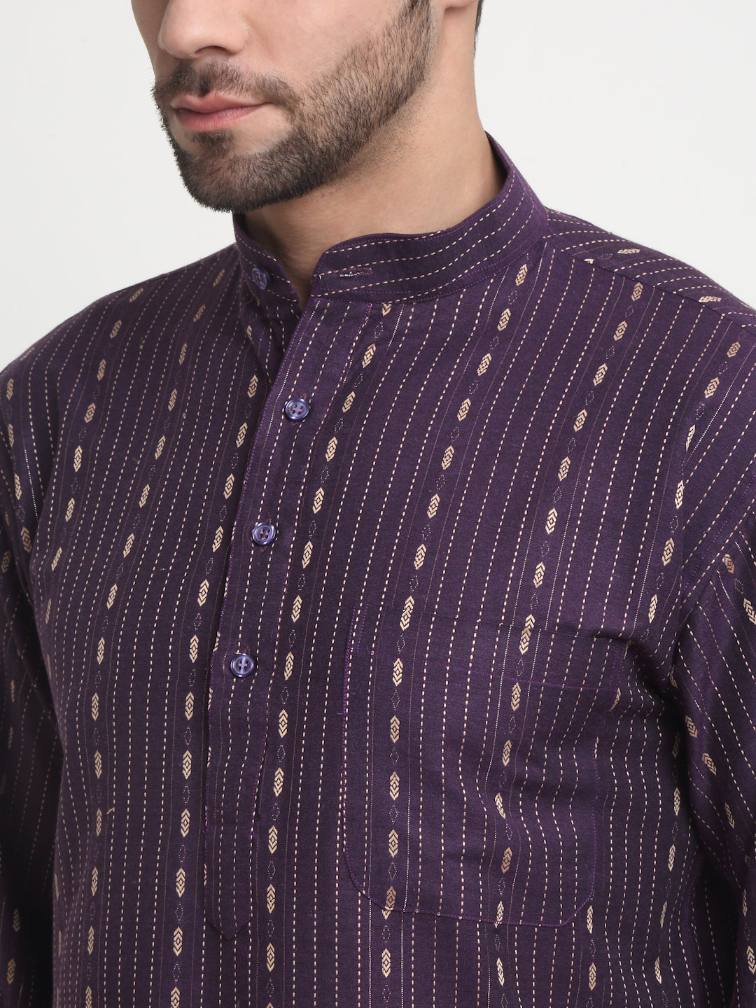 Arrabi Men Purple Pure Cotton Geometric Kurta Pyjama Set with Pockets