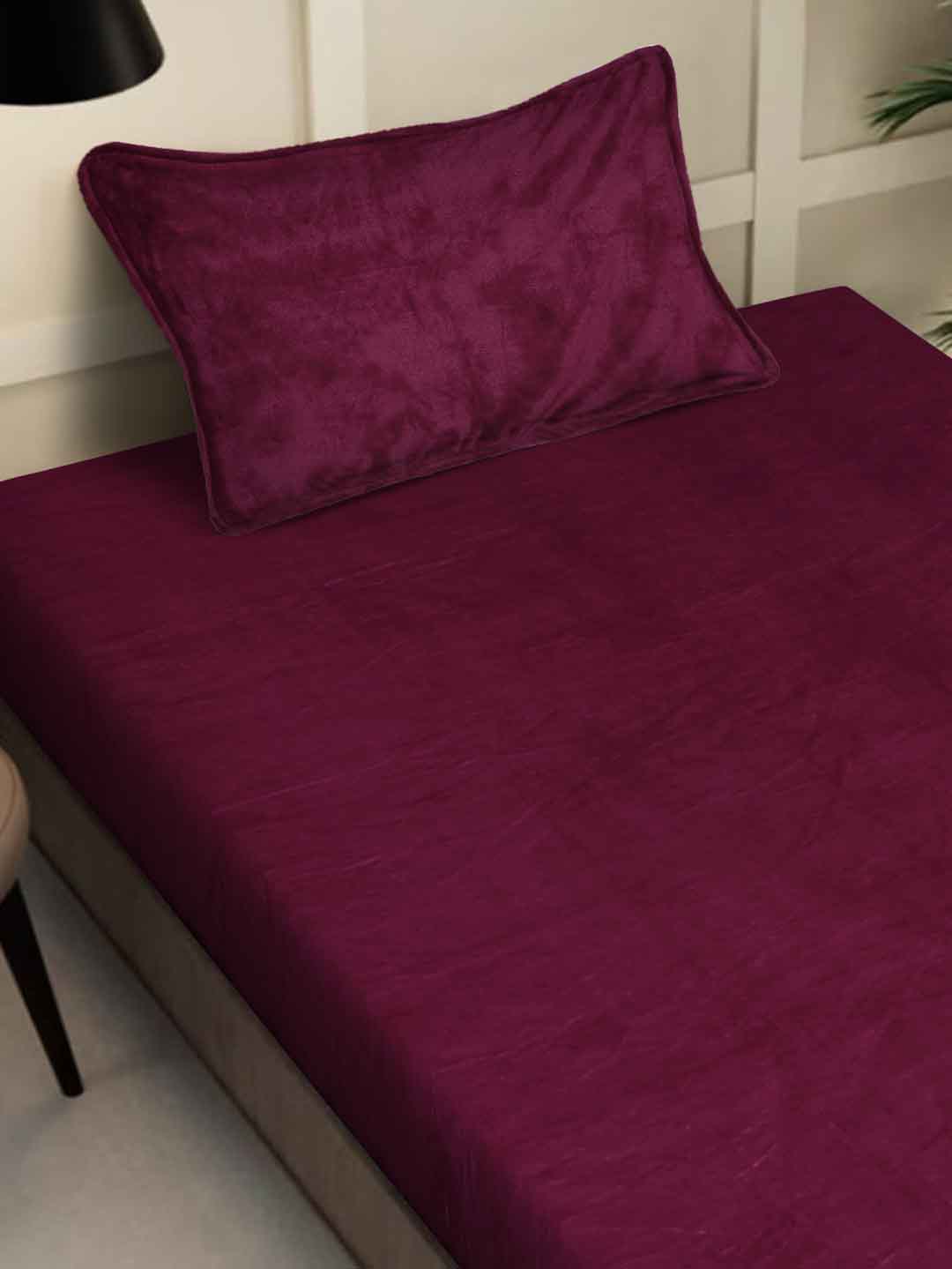 Arrabi Maroon Solid Single Size Warm Woolen Fitted Bedsheet with 1 Pillow Cover