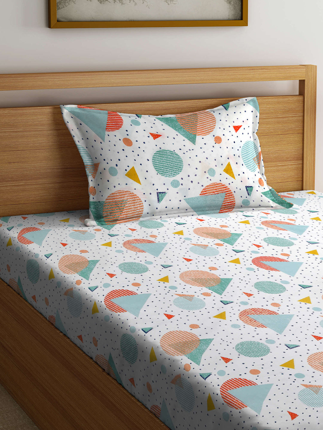 Arrabi White Geometric TC Cotton Blend Single Size Bedsheet with 1 Pillow Cover (215 x 150 cm)