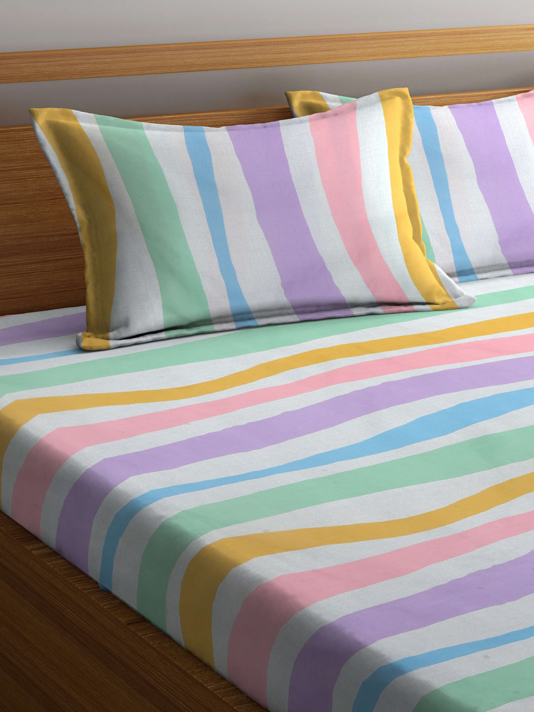 Arrabi Multi Stripes TC Cotton Blend King Size Bedsheet with 2 Pillow Covers (250 X 215 cm)