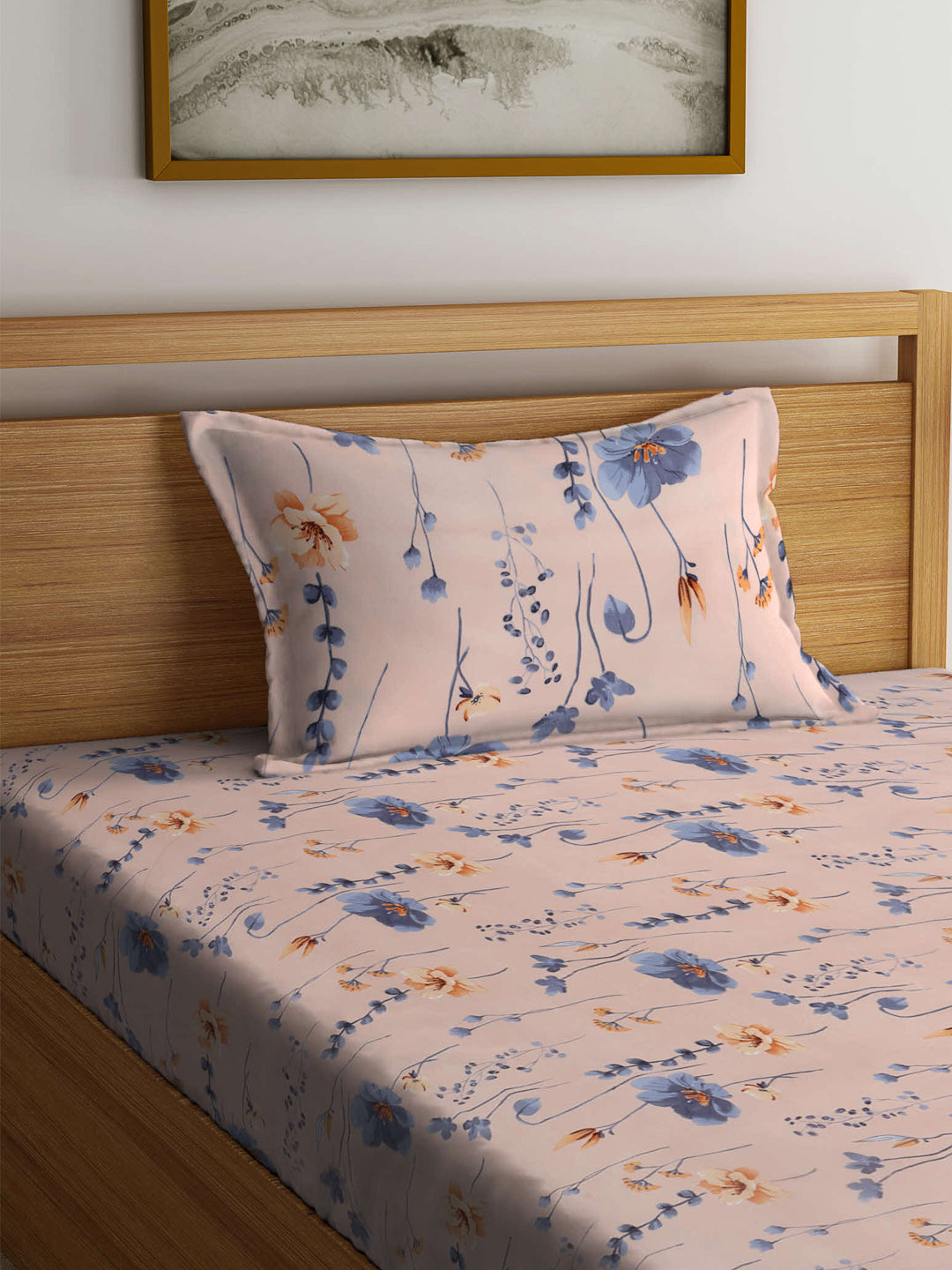 Arrabi Peach Floral TC Cotton Blend Single Size Fitted Bedsheet with 1 Pillow Cover (215 x 150 cm)