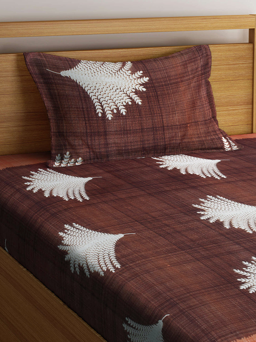 Arrabi Brown Floral TC Cotton Blend Single Size Fitted Bedsheet with 1 Pillow Cover (220 X 150 cm)