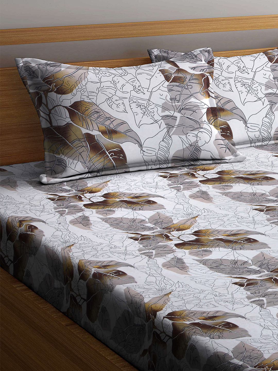 Arrabi Multi Leaf TC Cotton Blend Super King Size Fitted Bedsheet with 2 Pillow Covers (270 X 260 Cm)