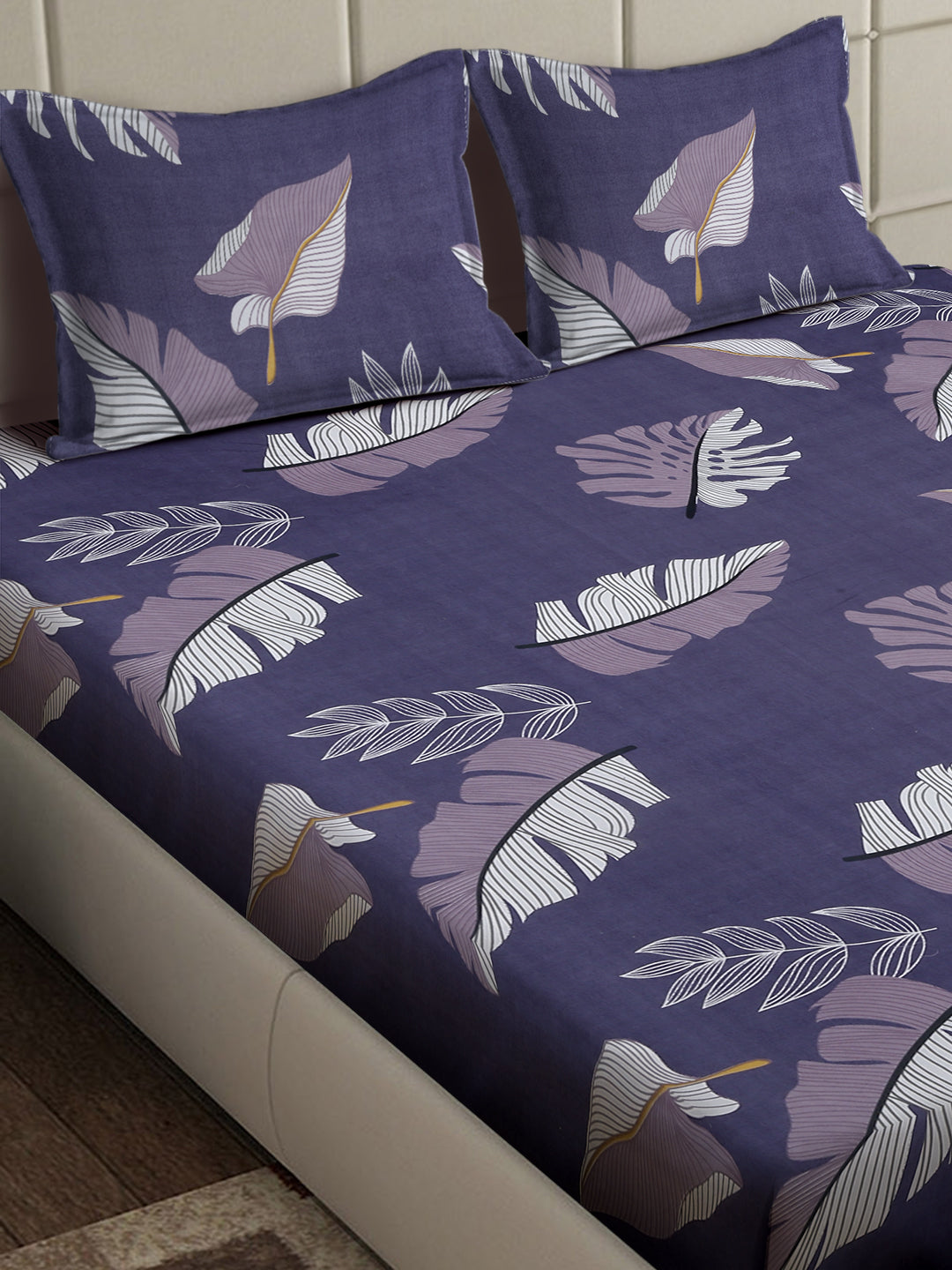 Arrabi Purple Leaf TC Cotton Blend King Size Bedsheet with 2 Pillow Covers (250 x 215 cm)