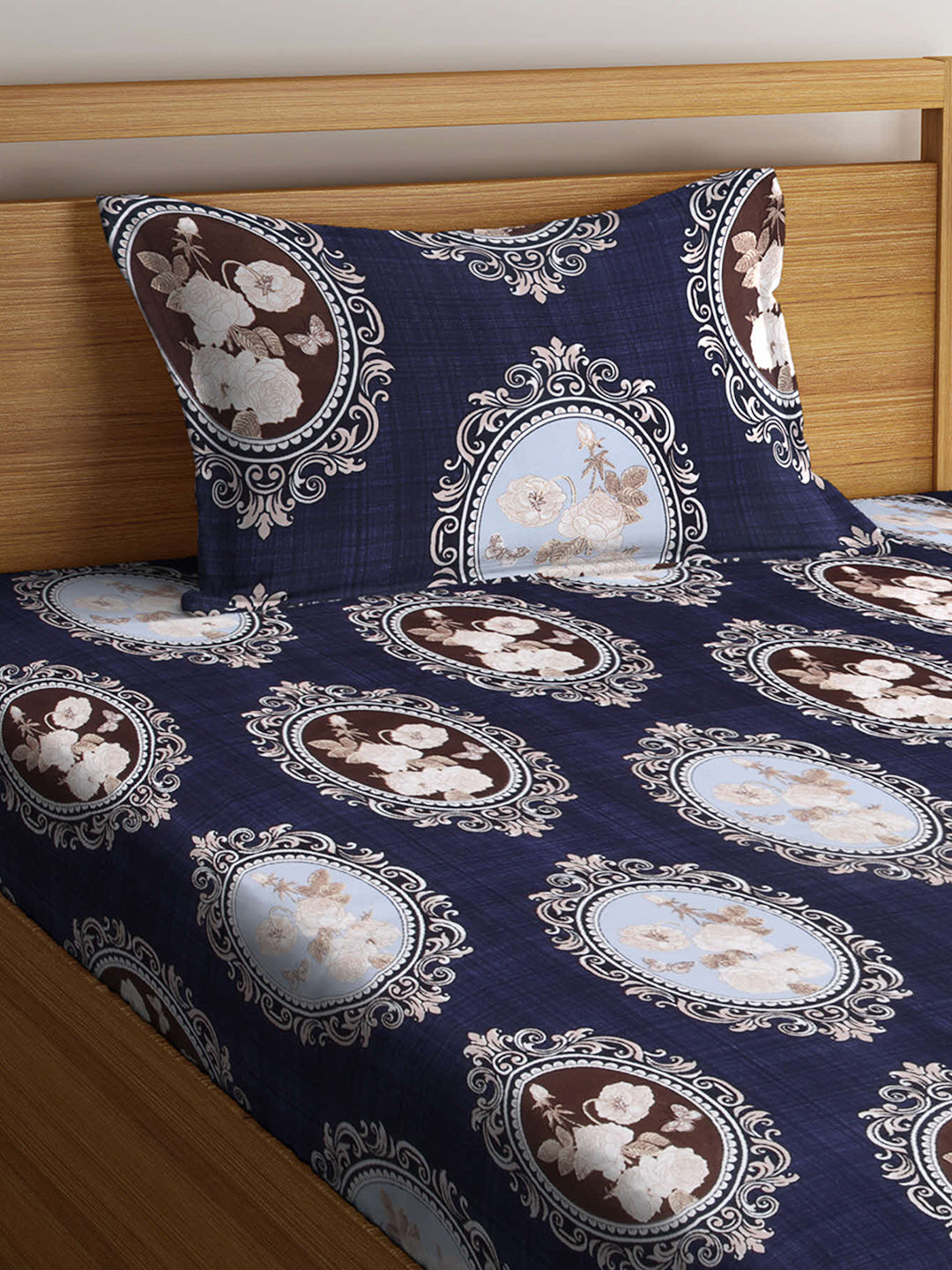 Arrabi Blue Indian TC Cotton Blend Single Size Fitted Bedsheet with 1 Pillow Cover (220 X 150 cm)