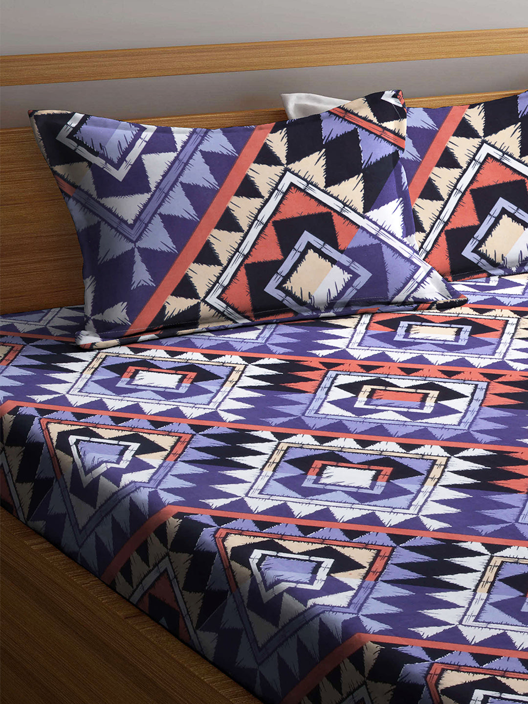 Arrabi Multi Geometric TC Cotton Blend King Size Bookfold Bedsheet with 2 Pillow Covers (250 X 220 cm)