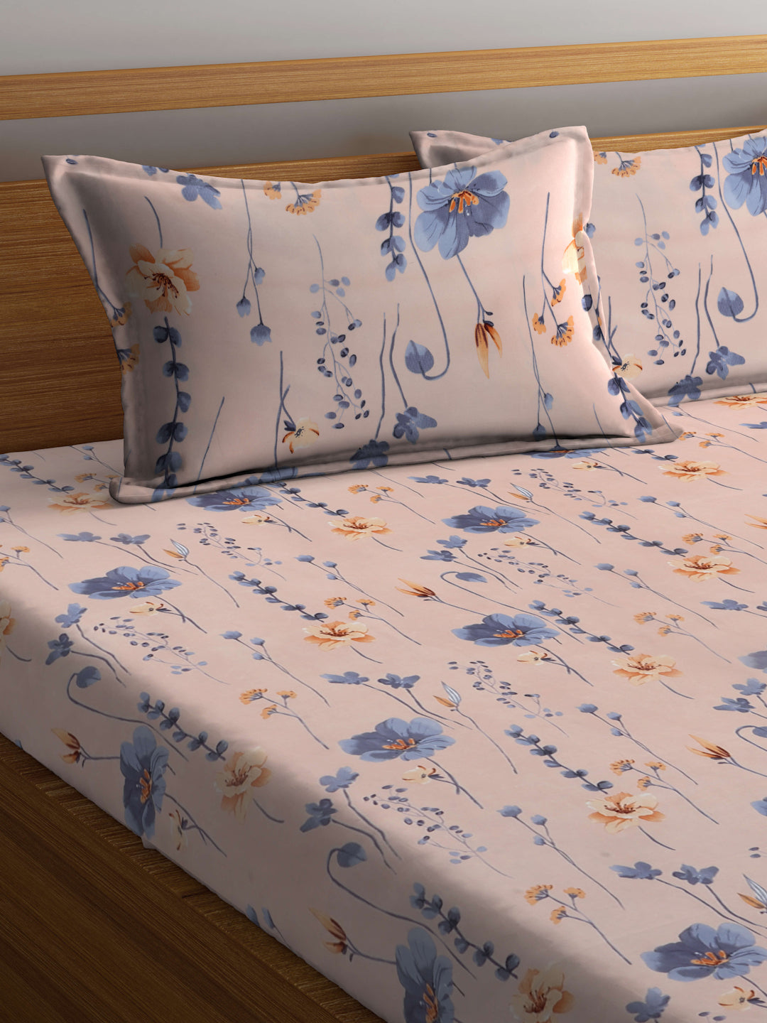 Arrabi Peach Floral TC Cotton Blend Super King Size Fitted Bedsheet with 2 Pillow Covers (270 X 260 Cm )