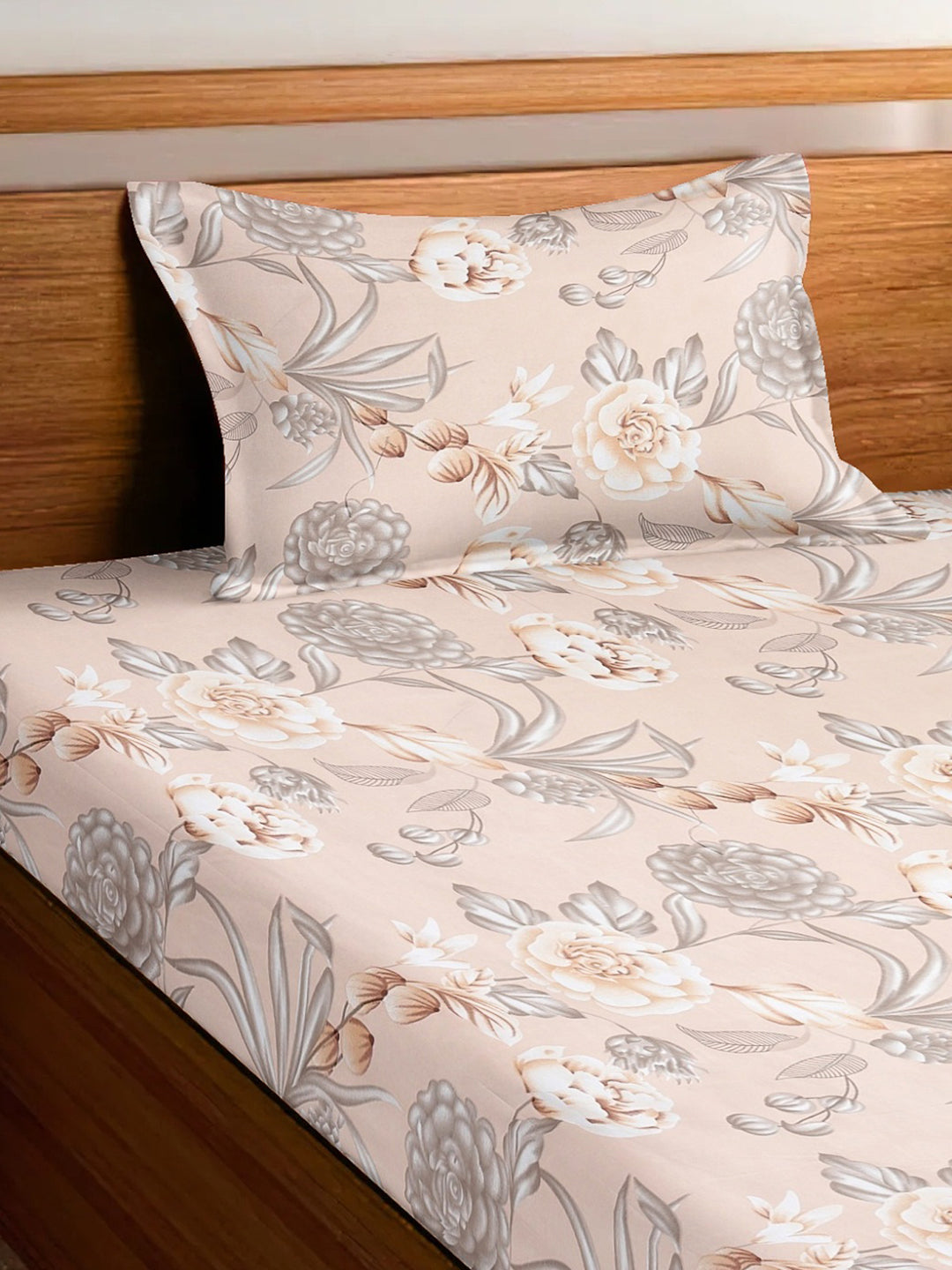 Arrabi Beige Floral TC Cotton Blend Single Size Bedsheet with 1 Pillow Cover (215 x 150 cm)