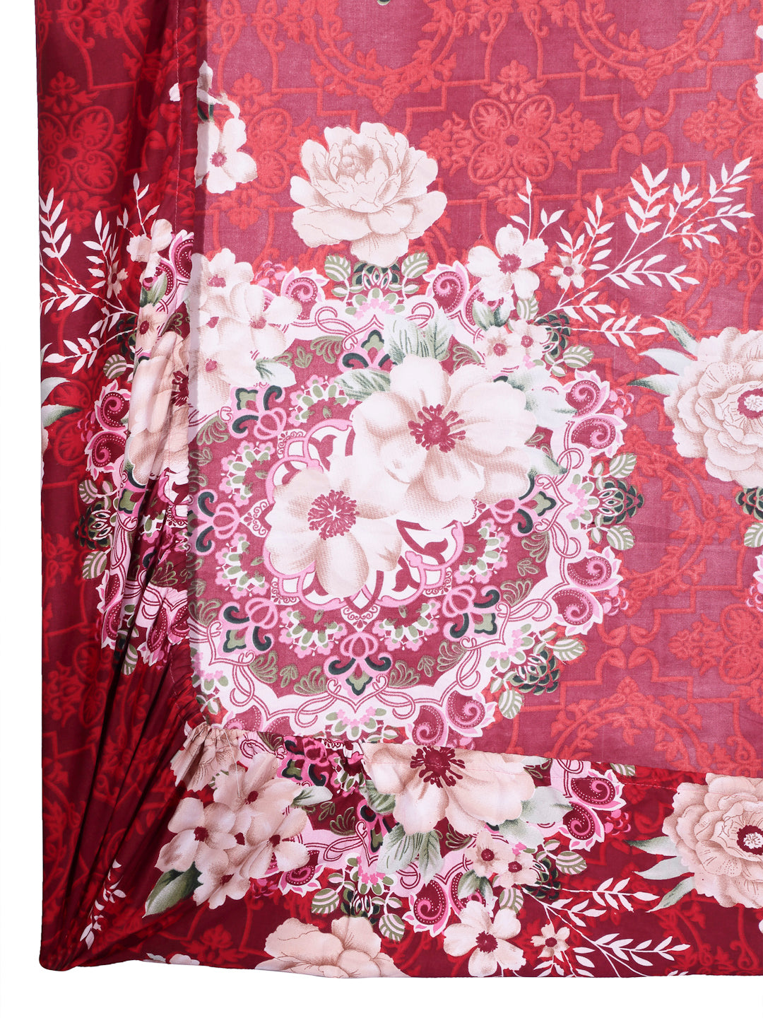 Arrabi Red Floral TC Cotton Blend Single Size Fitted Bedsheet with 1 Pillow Cover (220 X 150 cm)
