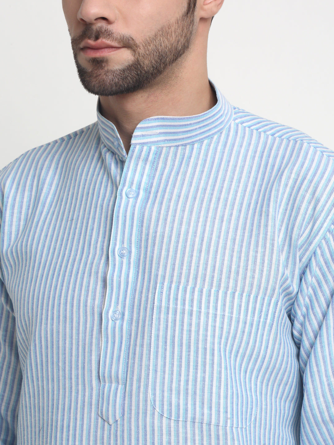 Arrabi Men Indian Fashion Blue Pure Cotton Stripped Straight Kurta