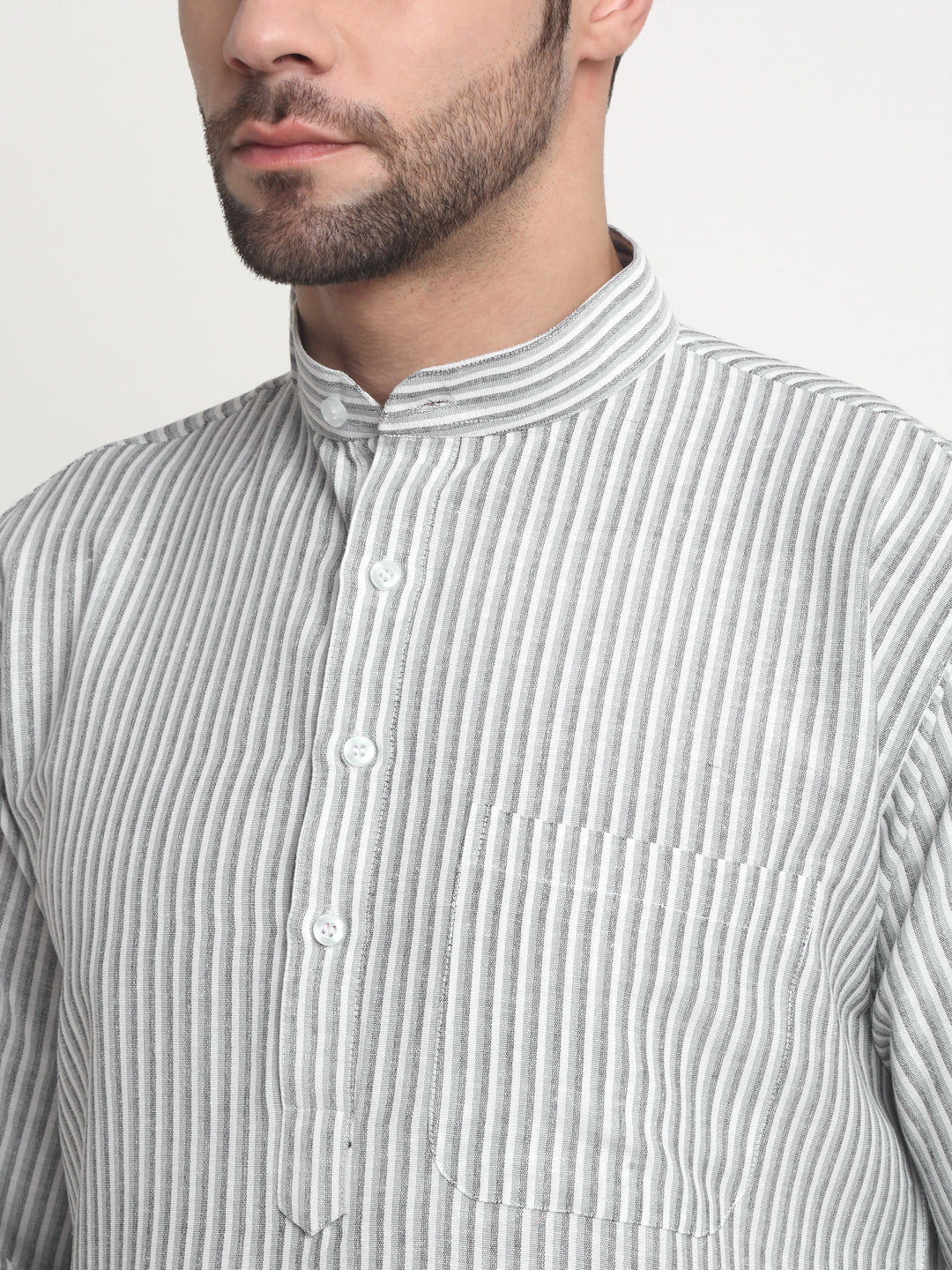 Arrabi Men Indian Fashion Grey Pure Cotton Stripped Straight Kurta