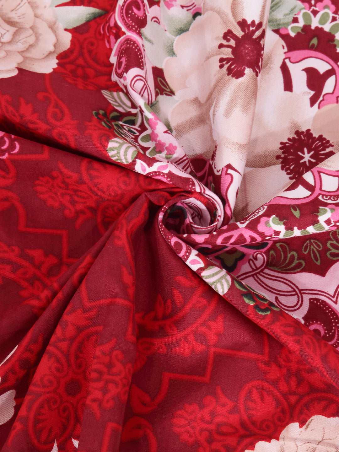 Arrabi Red Floral TC Cotton Blend Single Size Fitted Bedsheet with 1 Pillow Cover (220 X 150 cm)
