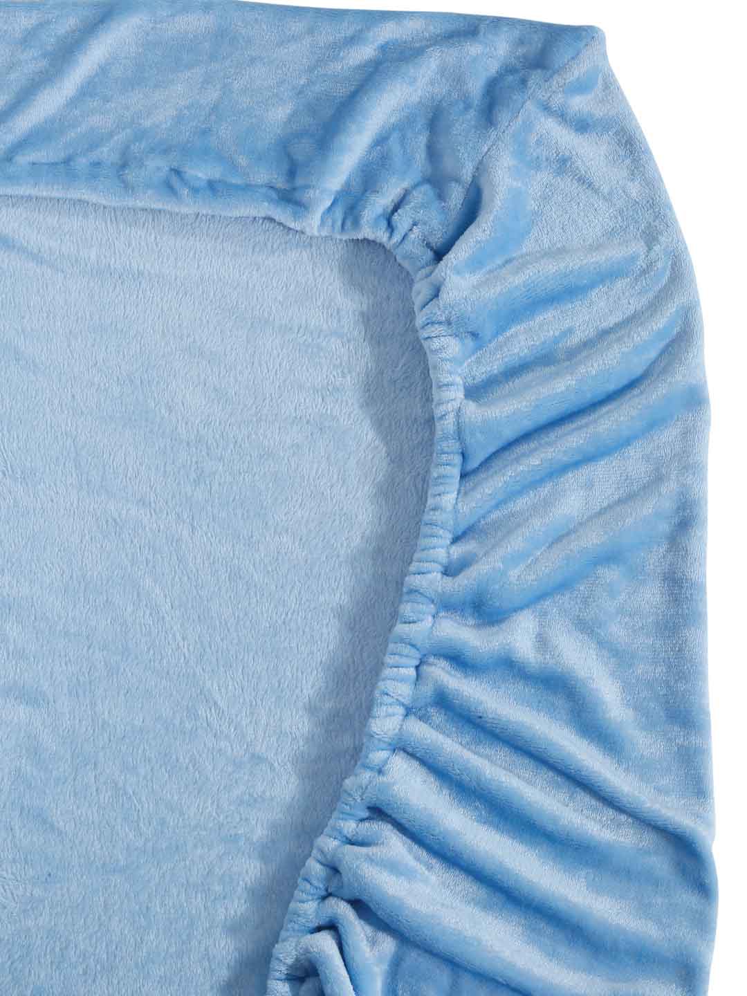 Arrabi SkyBlue Solid King Size Warm Woolen Fitted Bedsheet with 2 Pillow Covers