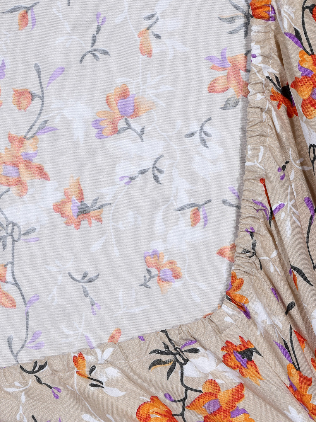 Arrabi Beige Floral TC Cotton Blend King Size Fitted Bedsheet with 2 Pillow Covers (250 x 220 cm)