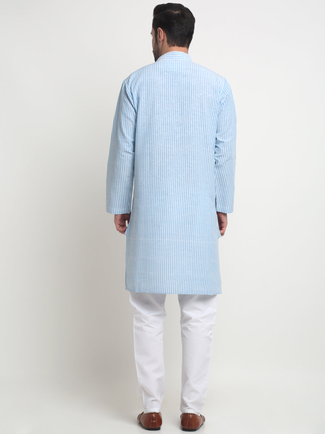 Arrabi Men Indian Fashion Blue Pure Cotton Stripped Straight Kurta