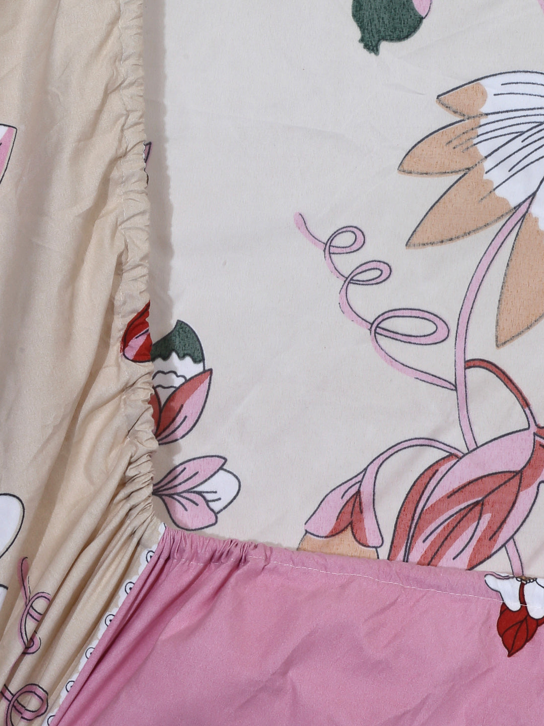 Arrabi Brown Floral TC Cotton Blend Single Size Fitted Bedsheet with 1 Pillow Cover (215 X 150 cm)