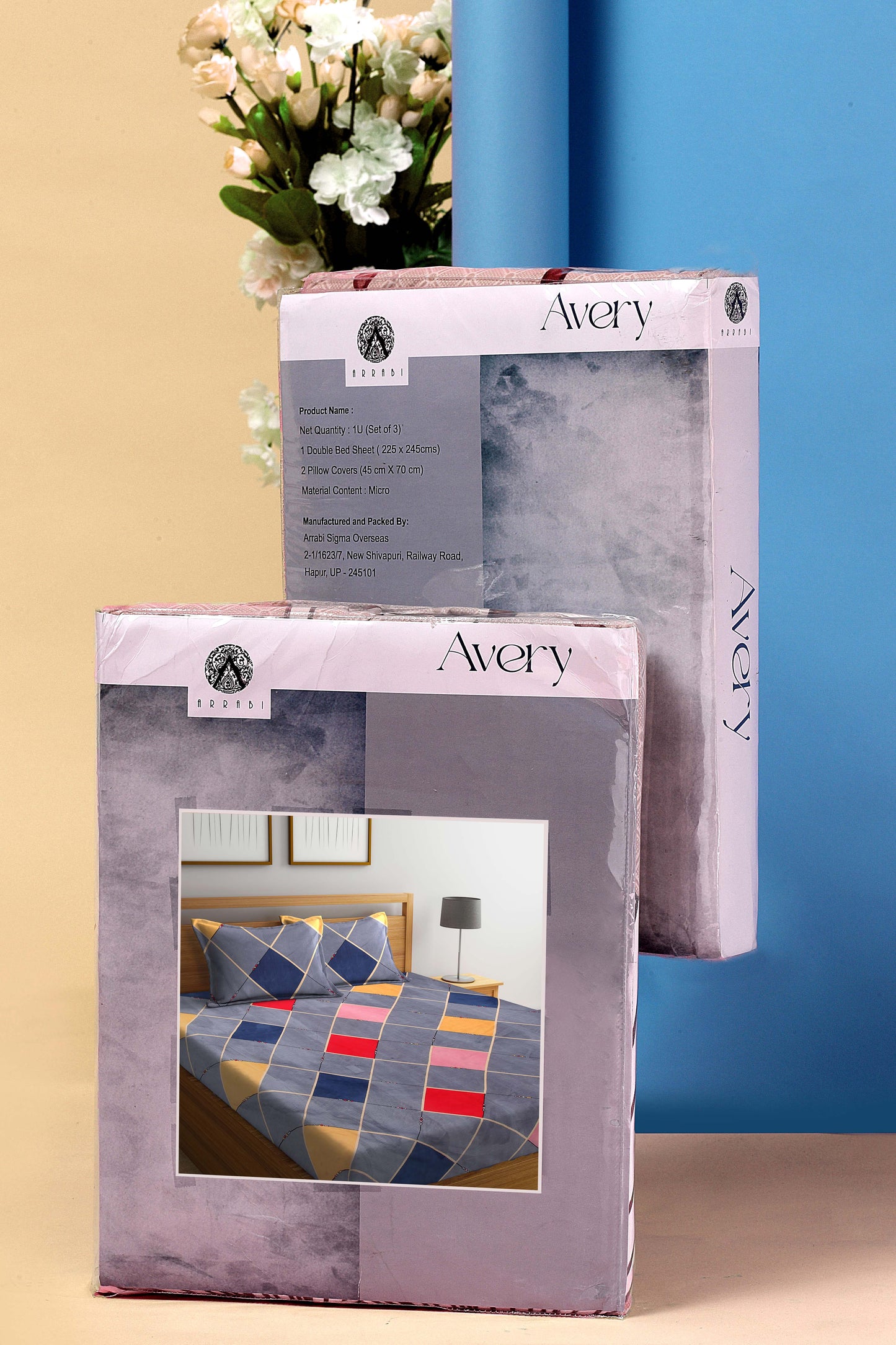 Arrabi Grey Geometric TC Cotton Blend Super King Size Bookfold Bedsheet with 2 Pillow Covers (270 X 260 cm)