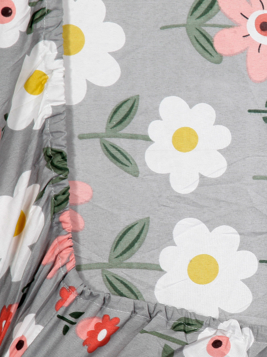 Arrabi Grey Floral TC Cotton Blend Single Size Fitted Bedsheet with 1 Pillow Cover (215 X 150 cm)