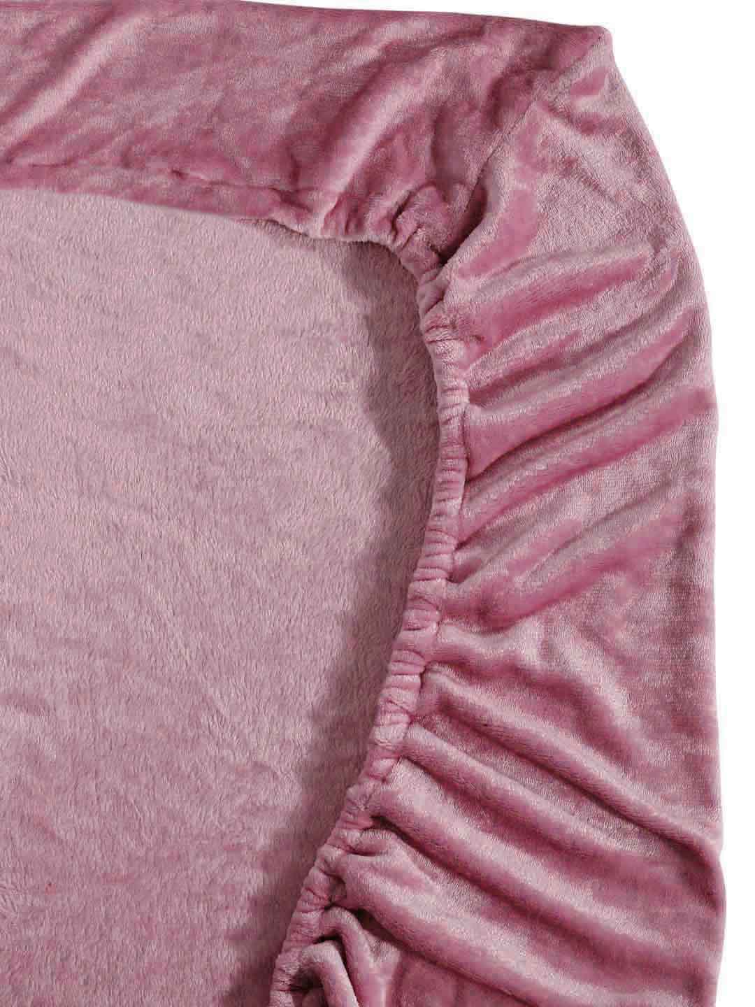 Arrabi Pink Solid King Size Warm Woolen Fitted Bedsheet