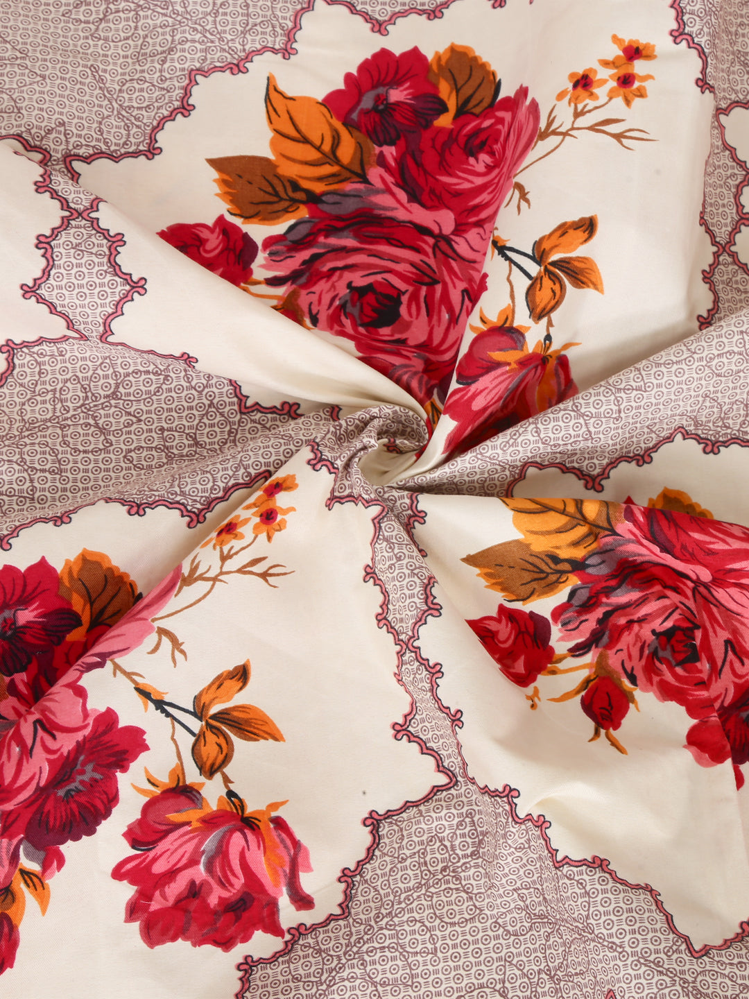 Arrabi Cream Floral TC Cotton Blend Single Size Fitted Bedsheet with 1 Pillow Cover (220 X 150 cm)
