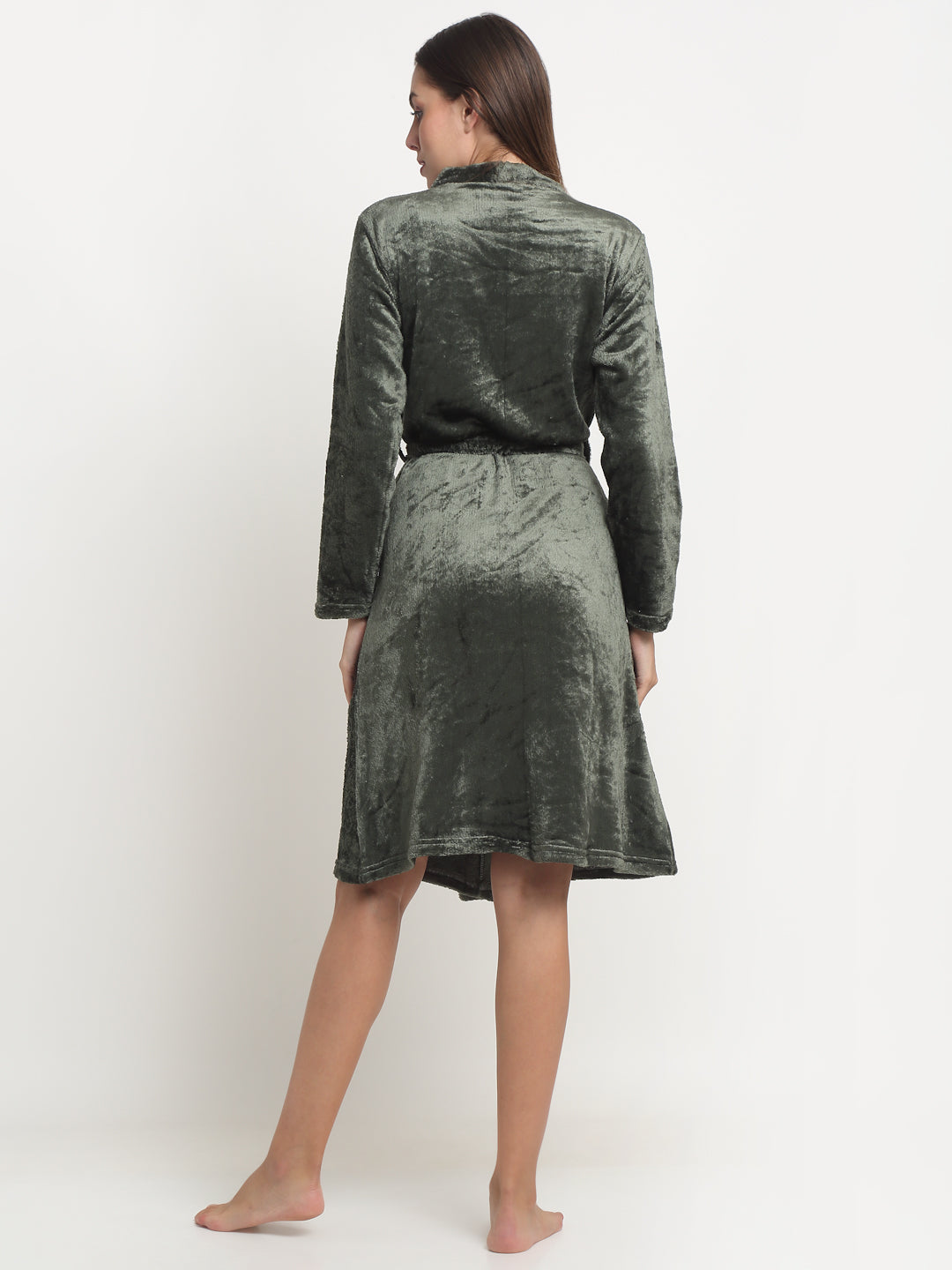 Arrabi Women Green Warm Woolen Solid Bath Robe With Pockets