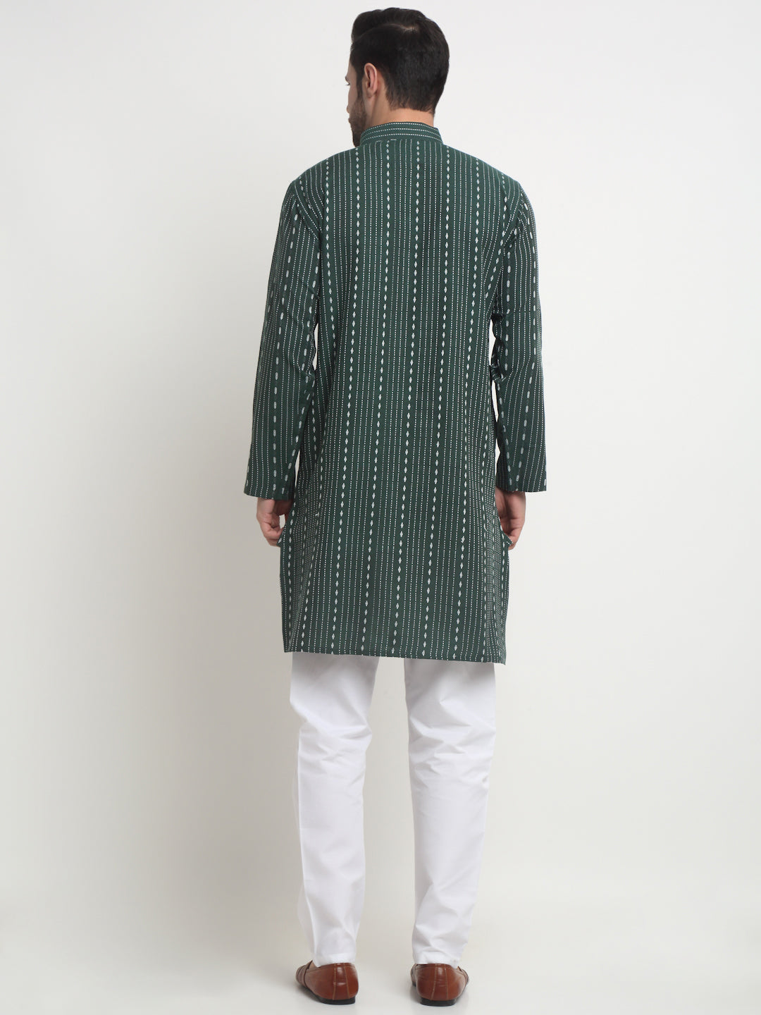 Arrabi Men Indian Fashion Green Pure Cotton Geometric Straight Kurta